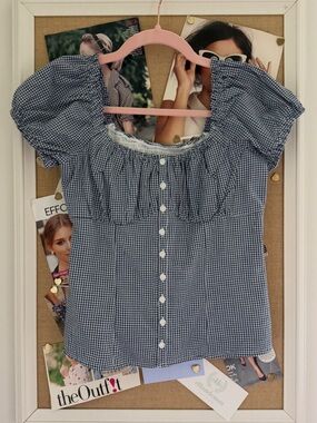 Navy Gingham Puff Sleeve Button-Front Top